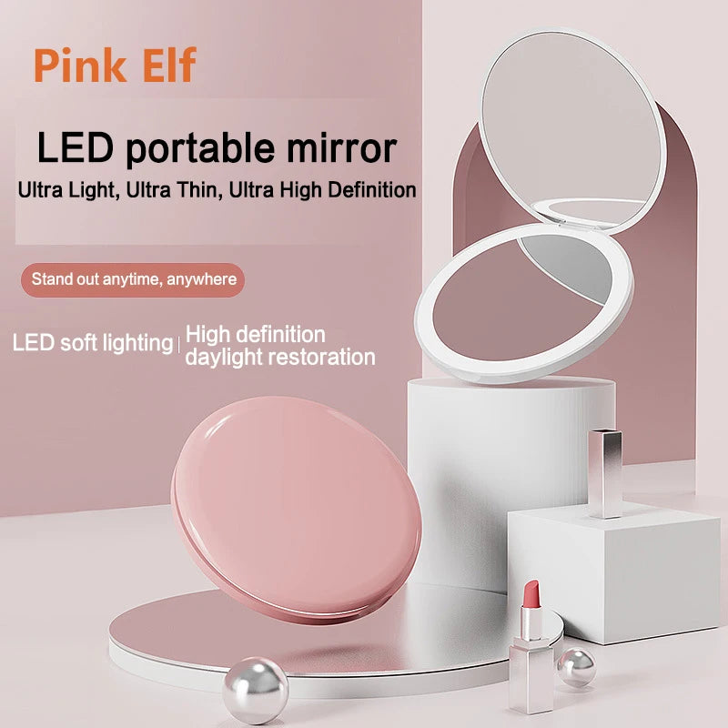 LED light makeup mirror foldable makeup small pocket mirror for women's luminous effect pink white mini mirror