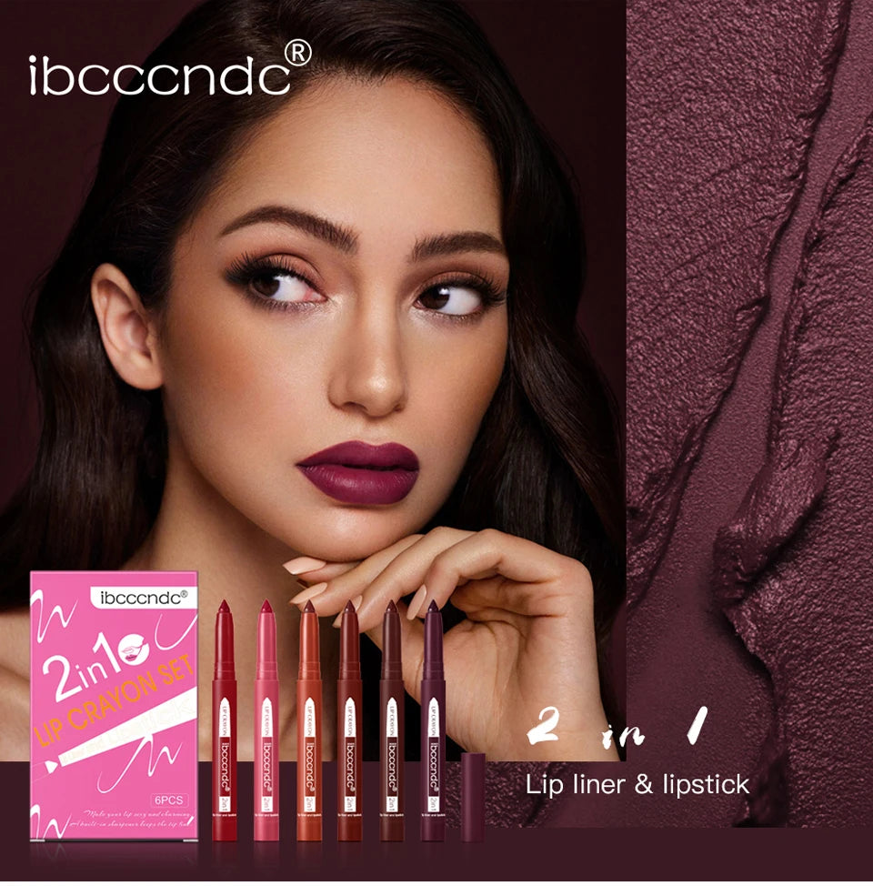 6color/Set Matte Lip  Crayon Moisturizing Lip Liner Built-In Sharpener Lipliner Pencil 2 In 1 Lip Liner And Lipstick Pen