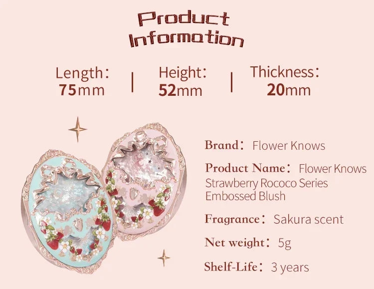 Flower Knows Embossed Blush Strawberry Rococo Series Natural Waterproof Anti-sweat Brightening Skin Tone Contouring Cheek Tint