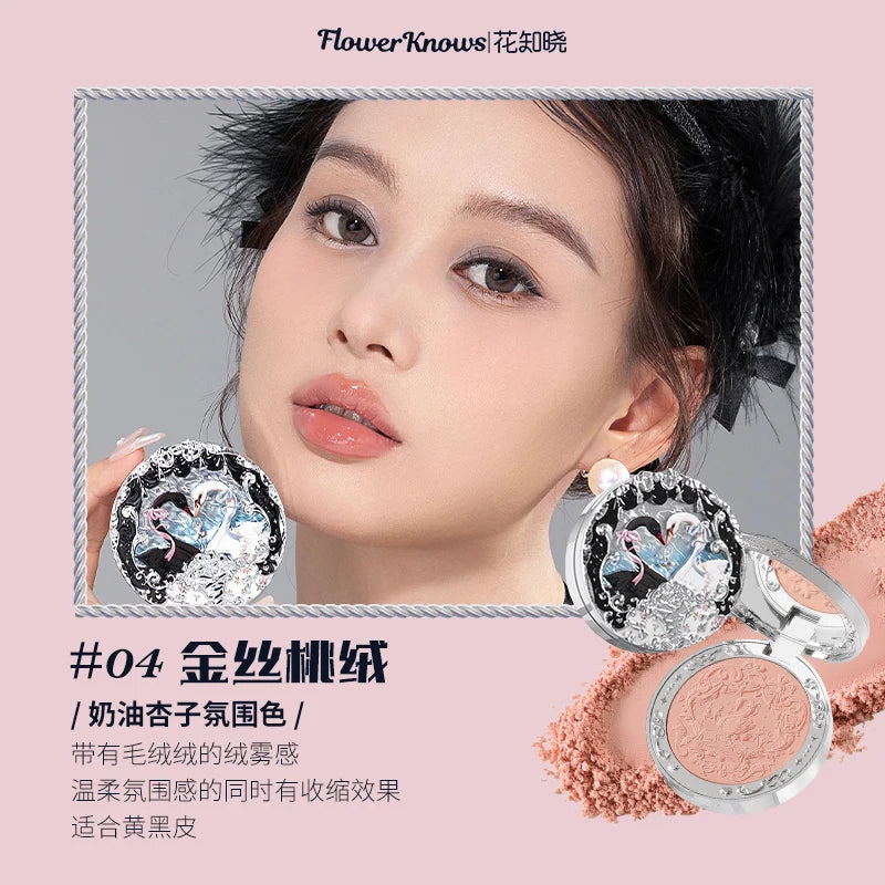 Flower Knows Swan Ballet Velvet Embossed Blush Matte Makeup Pressed Blusher Powder Pallet Women Gift Set