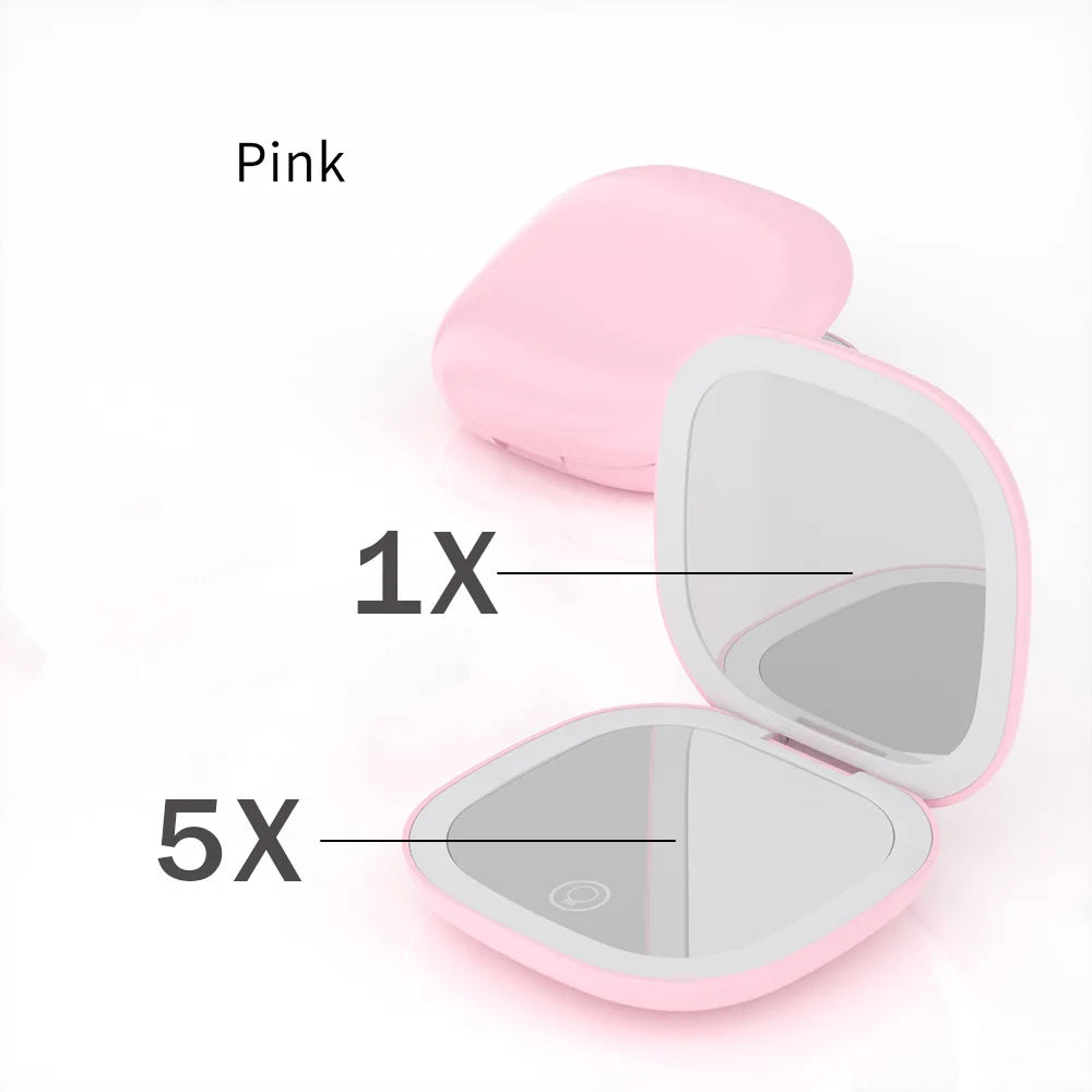 Led 5x/10X Magnifying Mini Compact Foldable Portable Charge Makeup Mirror With Light Small Pocket Travel Compact