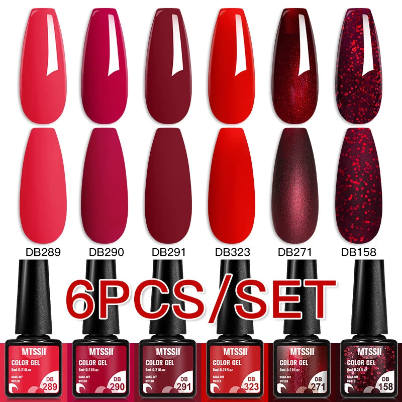 6Pcs Red Series Gel Nail Polish Set Winter Colors Semi Permanent Varnish Soak Off UV LED Gel Nail Art Manicure Base Top Coat Kit