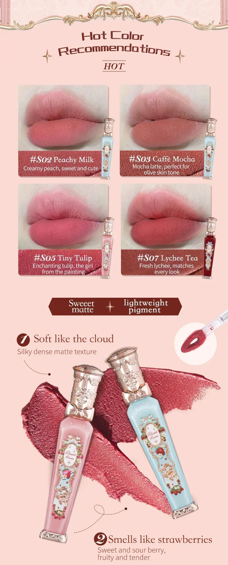 Flower Knows Strawberry Rococo Series Cloud Lip Cream Long Lasting Moisturizer Lip Tint Cosmetics Lip Gloss for Women Cosmetic