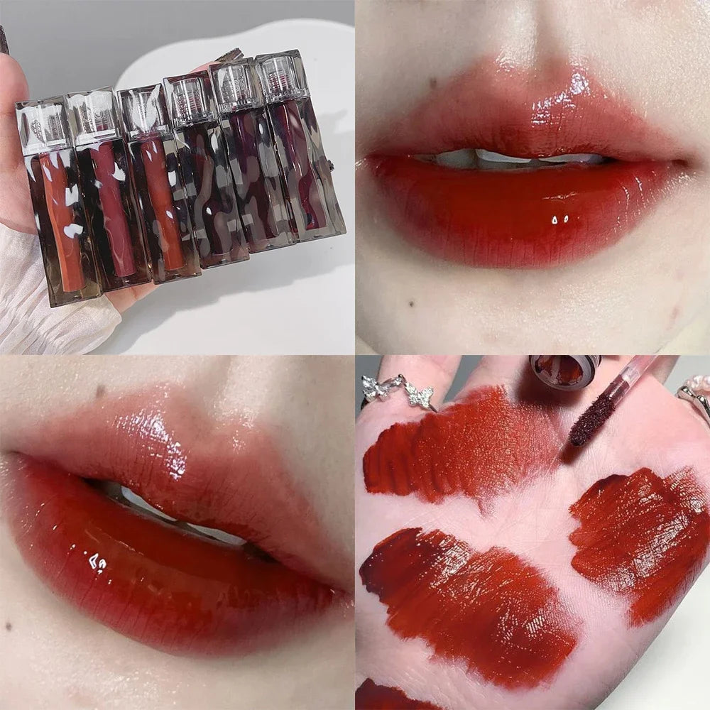 1PC Dark Red Mirror Water Light Lip Glaze Waterproof Lasting Moisturizing Non-stick Cups Liquid Lipstick Korean Makeup Cosmetics