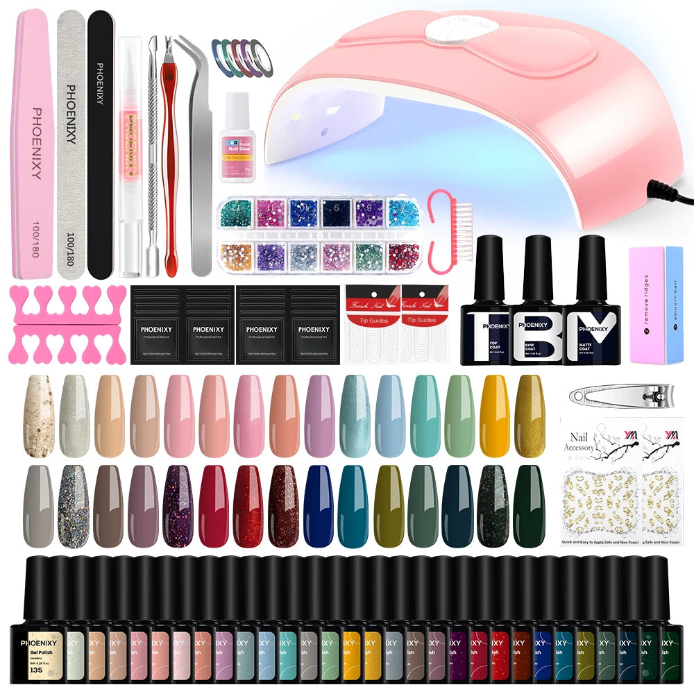 Nail Art Starter Set 30pcs Gel Nail Polish with 80W UV LED Drying Lamp Nail Polish Set Complete Full UV Gel Varnish Manicure Kit