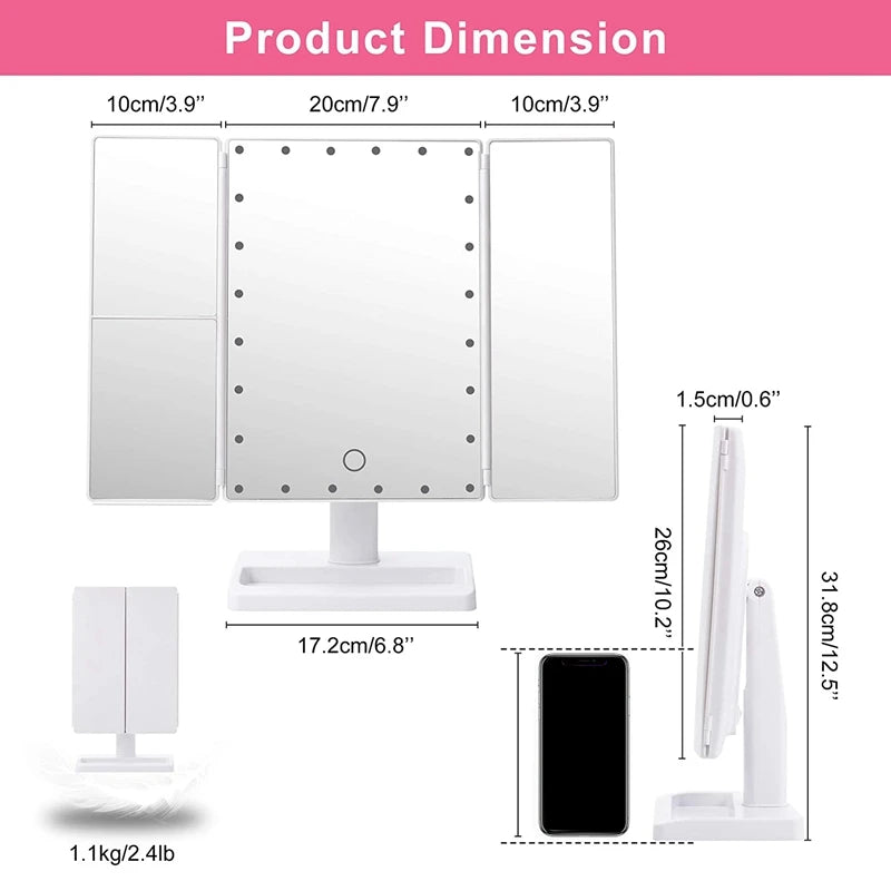 Trifold Makeup Mirror With 22 LED Lights,10X/3X/2X Magnification Portable Fold Lighted Table Desk Cosmetic Mirror