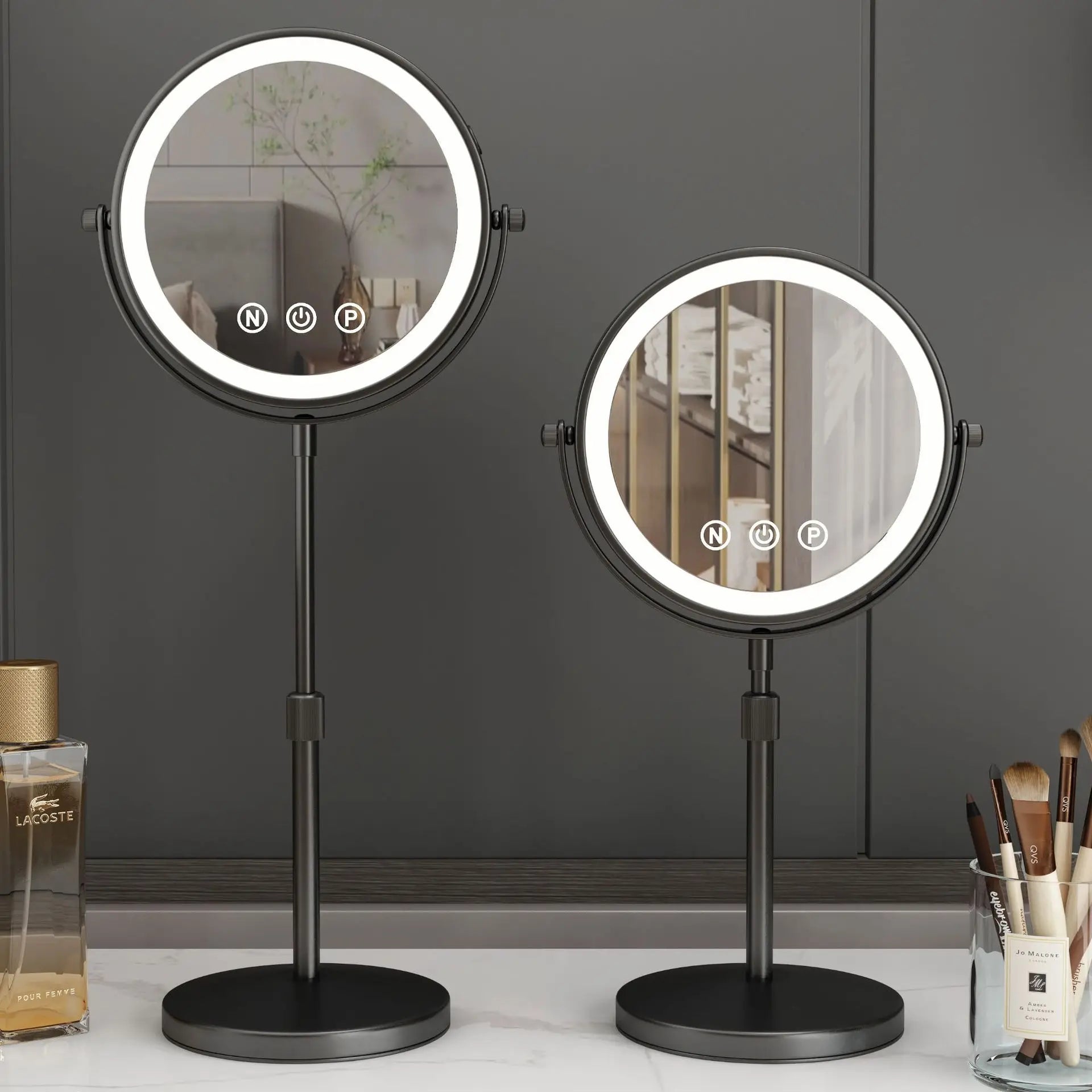 9 inch 360 degrees Bedroom or Bathroom table Lifting Makeup Mirror, 3X Magnifying Double Mirror with LED Light Cosmetic Mirror