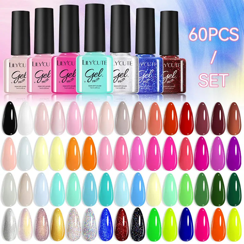 LILYCUTE 60/66/129PCS/Set Gel Nail Polish Set Glitter Colors Nail Kit Esmaltes Semi Permanent UV Gel Nail Art DIY Manicure Sets