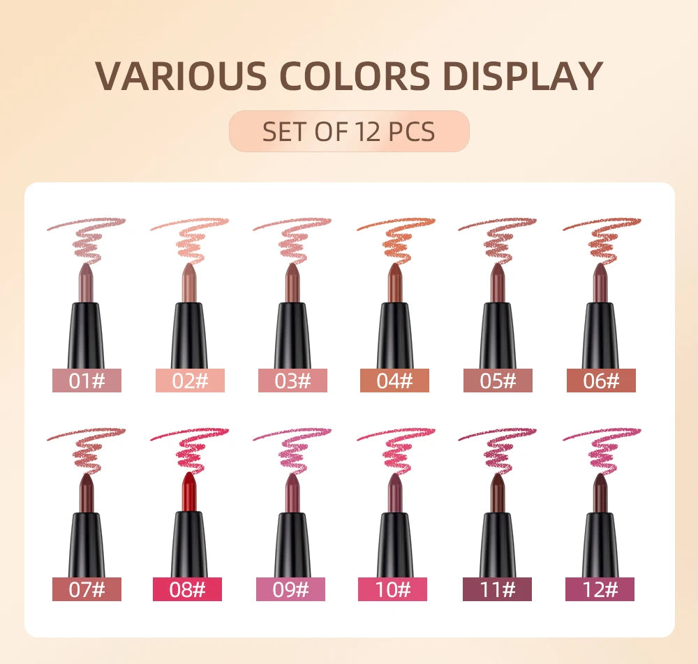 12pcs Lip Liner Pencil Set Matte Nude Contour Lipliner Pencil Lipstick Waterproof Long Lasting Lipstick Pen Lip Tint Cosmetics