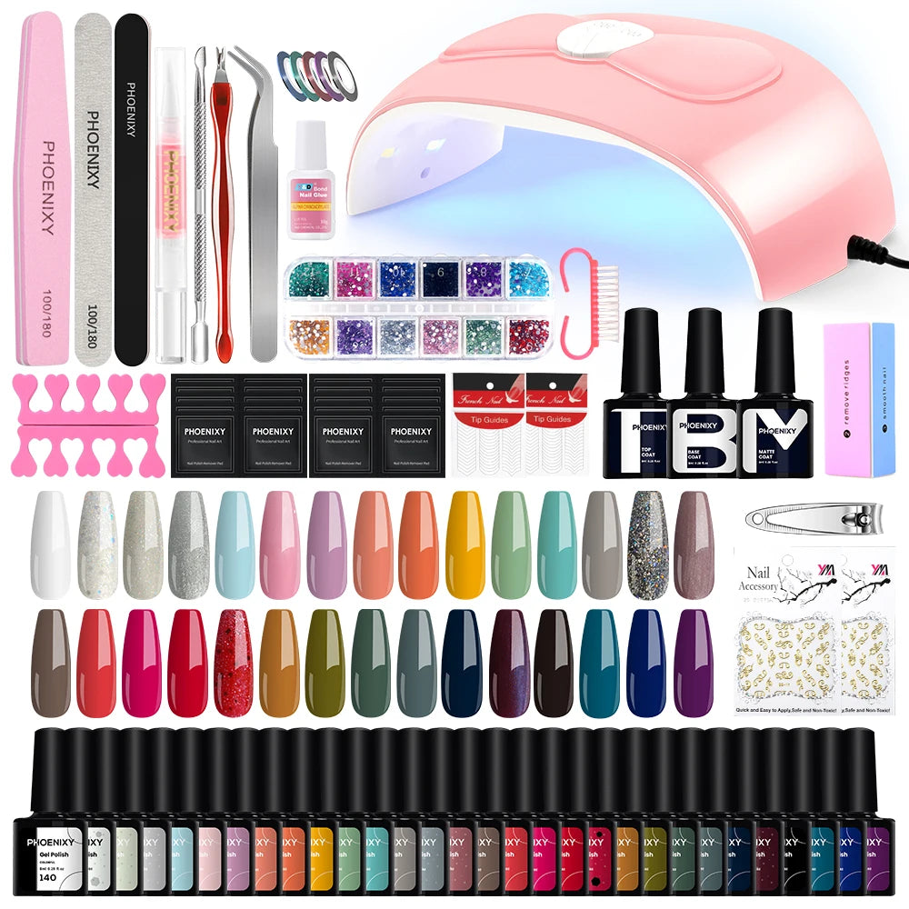 Nail Art Starter Set 30pcs Gel Nail Polish with 80W UV LED Drying Lamp Nail Polish Set Complete Full UV Gel Varnish Manicure Kit