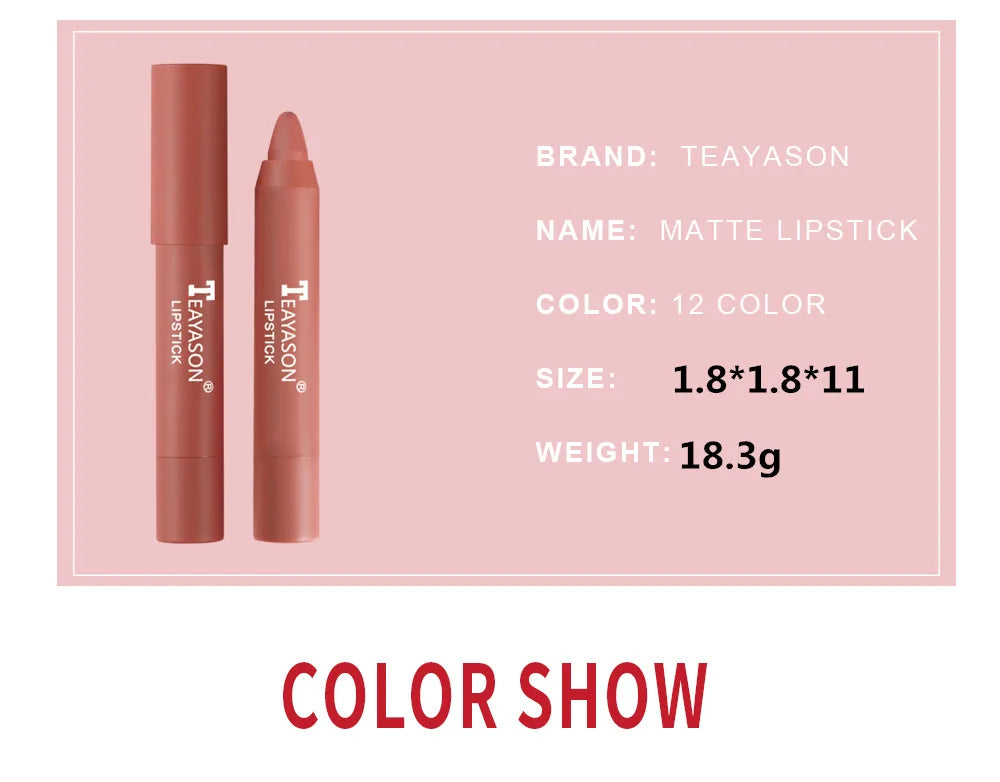 12 Colors Velvet Matte Lipstick Pen Cosmetics Waterproof Lasting Nude Crayon Lipsticks Non Sticky Brown Lip Liner Pencil Makeup