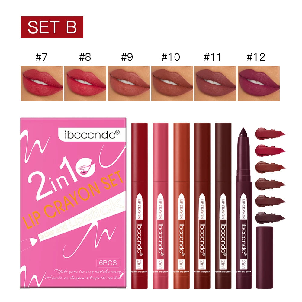 6color/Set Matte Lip  Crayon Moisturizing Lip Liner Built-In Sharpener Lipliner Pencil 2 In 1 Lip Liner And Lipstick Pen