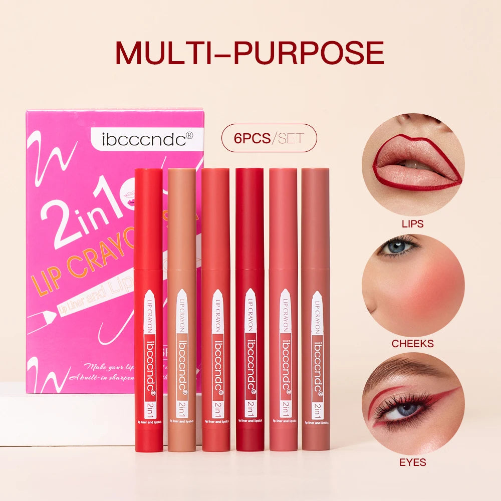 6color/Set Matte Lip  Crayon Moisturizing Lip Liner Built-In Sharpener Lipliner Pencil 2 In 1 Lip Liner And Lipstick Pen