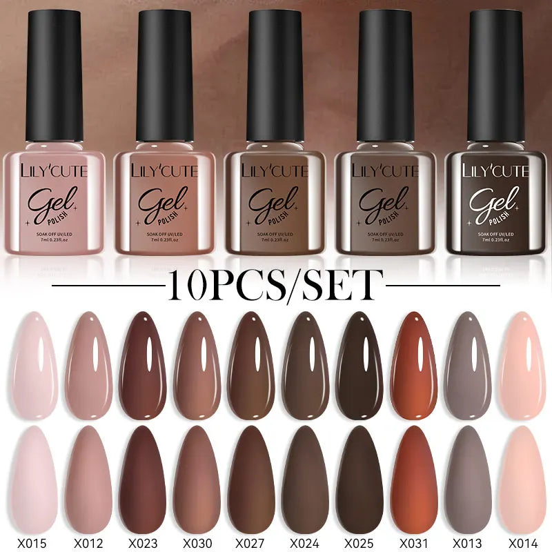 LILYCUTE 10PCS/Set Gel Nail Polish Brown Earth Coffee Color Series Gel Semi Permanent UV LED Gel Nail Art Soak Off Nail Gel Set