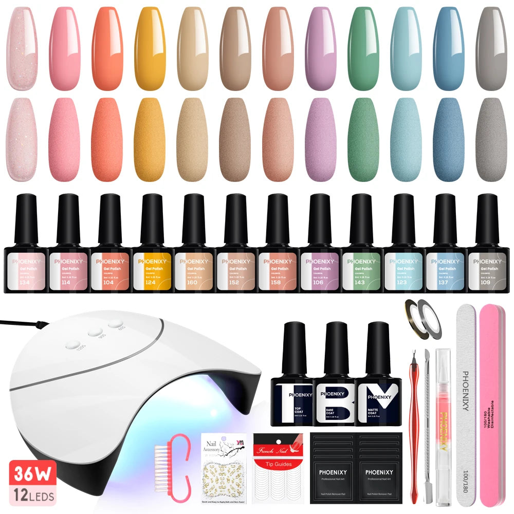 PHOENIXY Professional Gel Nail Polish Set Nail Gel Kit With UV LED Nail Lamp All For Nail Art Semi Permanent Manicure Tools Set