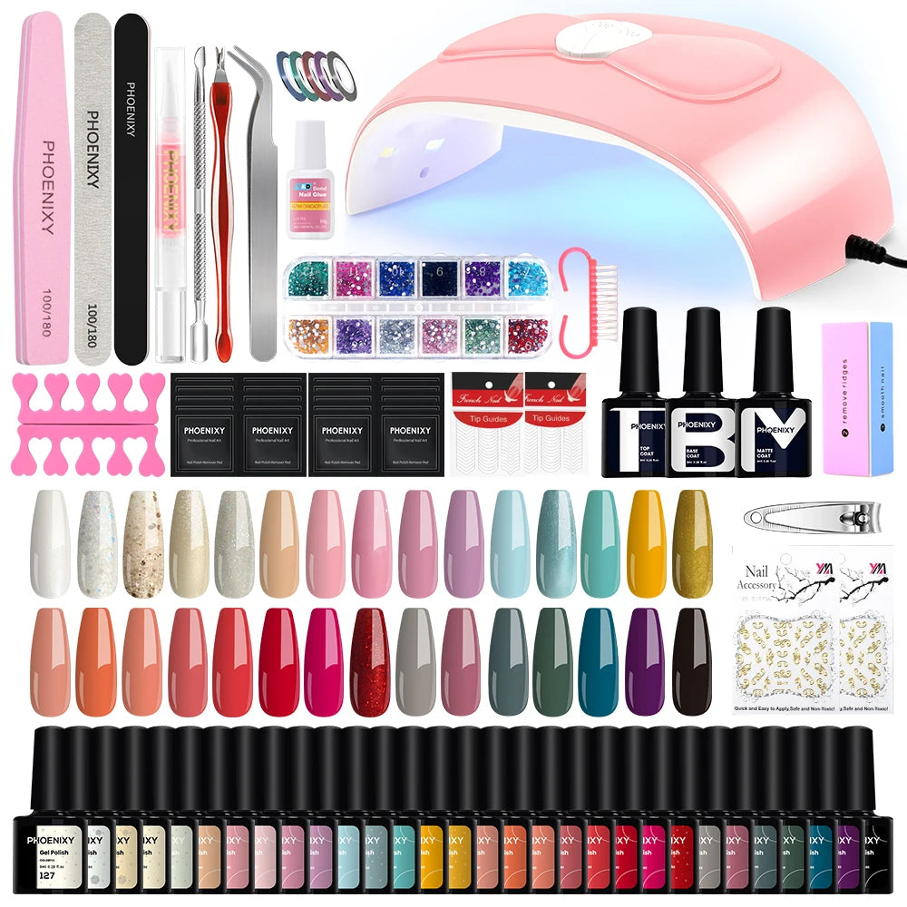 Nail Art Starter Set 30pcs Gel Nail Polish with 80W UV LED Drying Lamp Nail Polish Set Complete Full UV Gel Varnish Manicure Kit