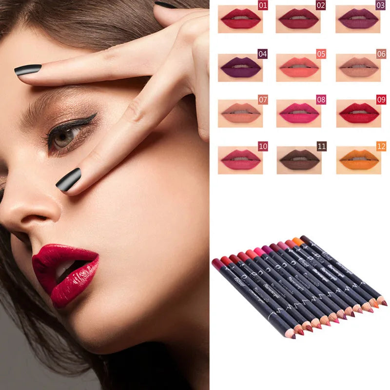 12Pcs/Set Waterproof Pencil Lipstick Set Pen Matte Lip Liner Long Lasting Makeup Pens Easy to Wear Non-stick Cup Cosmetics Kits