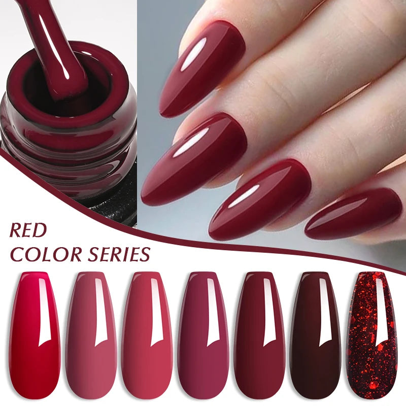 6Pcs Red Series Gel Nail Polish Set Winter Colors Semi Permanent Varnish Soak Off UV LED Gel Nail Art Manicure Base Top Coat Kit