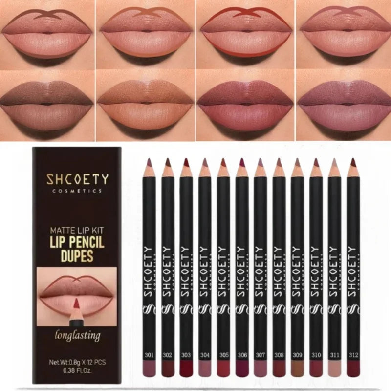 12pcs Waterproof Lip Liner Pencil Set Matte Red Contour Tint Lipstick Long Lasting Non-stick Cup Sexy Red Lip Tint Cosmetics