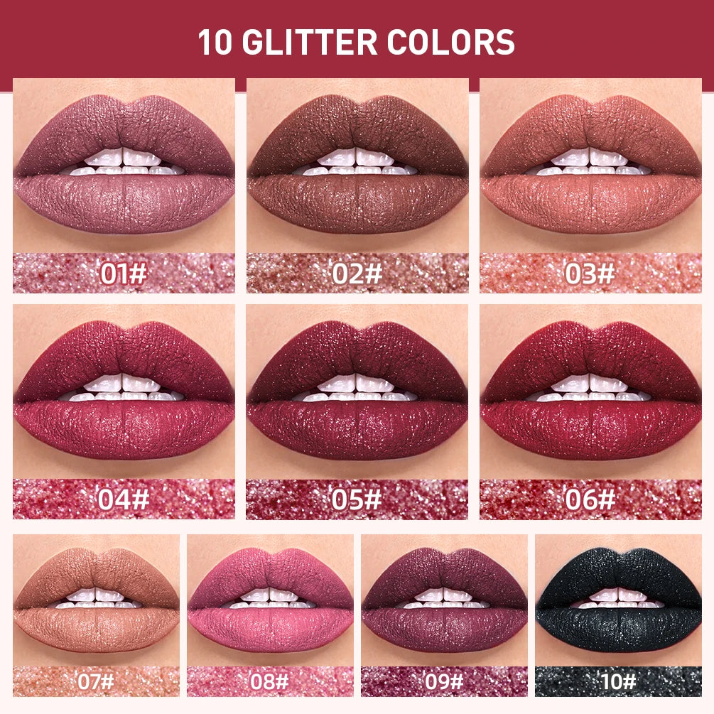 QIBEST 10 Colors Matte Shiny Glitter Liquid Lipstick Shiny Lip Gloss Diamond Waterproof Long Lasting Lipgloss Women Lips Makeup