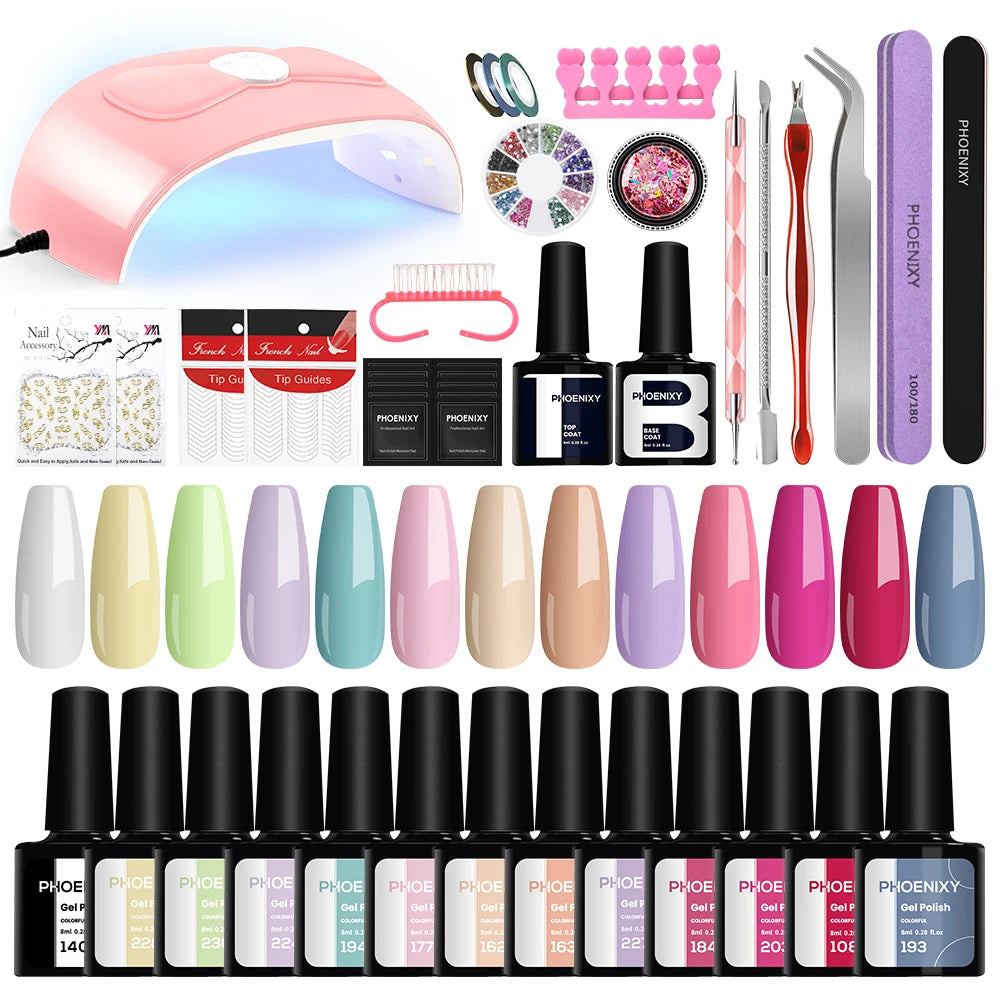 PHOENIXY Professional Gel Nail Polish Set Nail Gel Kit With UV LED Nail Lamp All For Nail Art Semi Permanent Manicure Tools Set