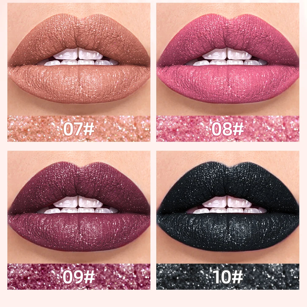 QIBEST 10 Colors Matte Shiny Glitter Liquid Lipstick Shiny Lip Gloss Diamond Waterproof Long Lasting Lipgloss Women Lips Makeup