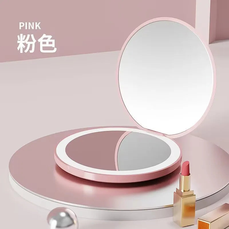 LED light makeup mirror foldable makeup small pocket mirror for women's luminous effect pink white mini mirror