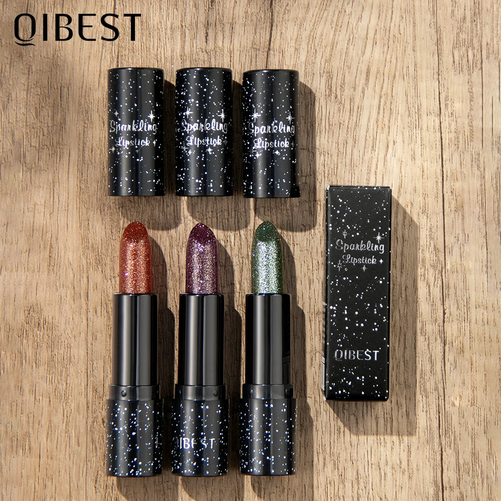 QIBEST 3 Colors Glitter Diamond Lipstick Pearlescent Metallic Color Change Lipstick Moisturizing Lip Balm Lip Stain Tint Makeup