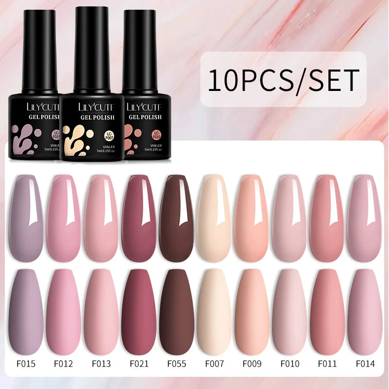 LILYCUTE 10PCS/Set Gel Nail Polish Brown Earth Coffee Color Series Gel Semi Permanent UV LED Gel Nail Art Soak Off Nail Gel Set