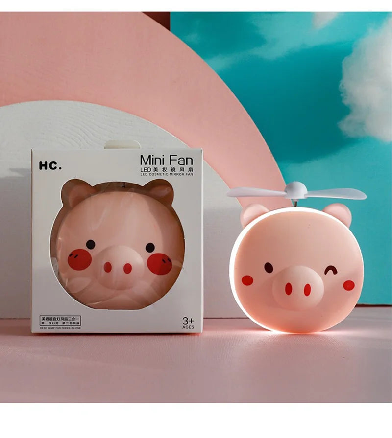 Cute Piggy Makeup Mirror With Led Light Handheld Cosmetics Mirror With Small Fan Girls Travle Portable Vanity Mirror HD Mirror