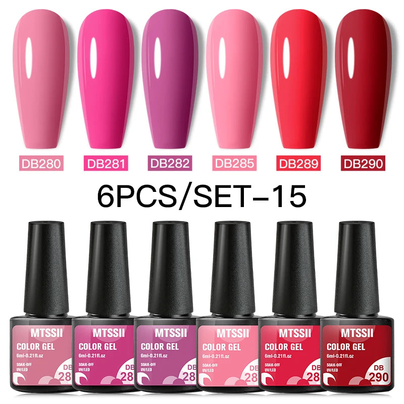 6Pcs Red Series Gel Nail Polish Set Winter Colors Semi Permanent Varnish Soak Off UV LED Gel Nail Art Manicure Base Top Coat Kit