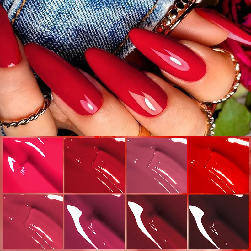 6Pcs Red Series Gel Nail Polish Set Winter Colors Semi Permanent Varnish Soak Off UV LED Gel Nail Art Manicure Base Top Coat Kit