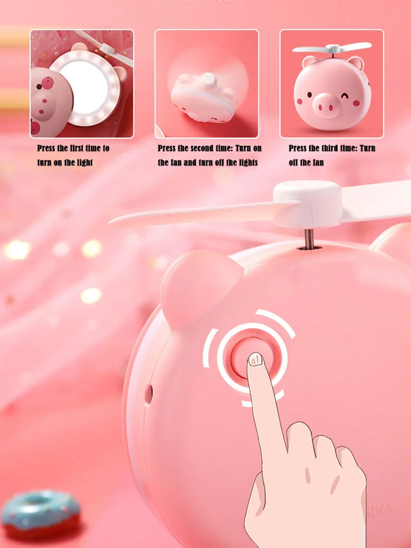 Cute Piggy Makeup Mirror With Led Light Handheld Cosmetics Mirror With Small Fan Girls Travle Portable Vanity Mirror HD Mirror