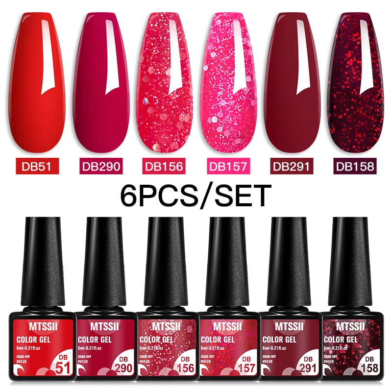 6Pcs Red Series Gel Nail Polish Set Winter Colors Semi Permanent Varnish Soak Off UV LED Gel Nail Art Manicure Base Top Coat Kit