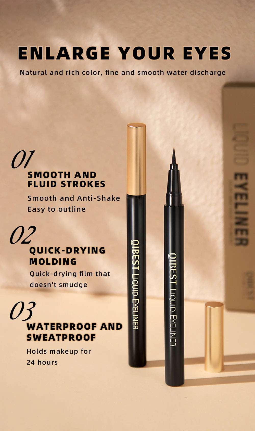 QIBEST Waterproof Black Eyeliner Long Lasting Quick Drying Easy To Color Liquid Eyeliner Non Smudging Smooth Eyeliner Pen Tools