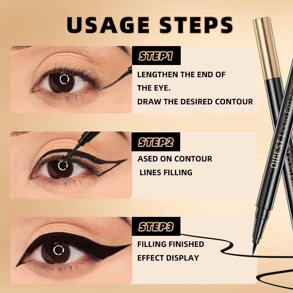 QIBEST Waterproof Black Eyeliner Long Lasting Quick Drying Easy To Color Liquid Eyeliner Non Smudging Smooth Eyeliner Pen Tools