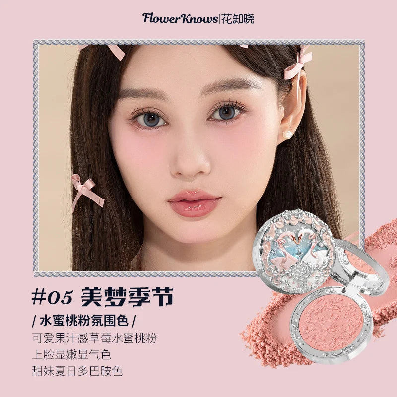 Flower Knows Swan Ballet Velvet Embossed Blush Matte Makeup Pressed Blusher Powder Pallet Women Gift Set