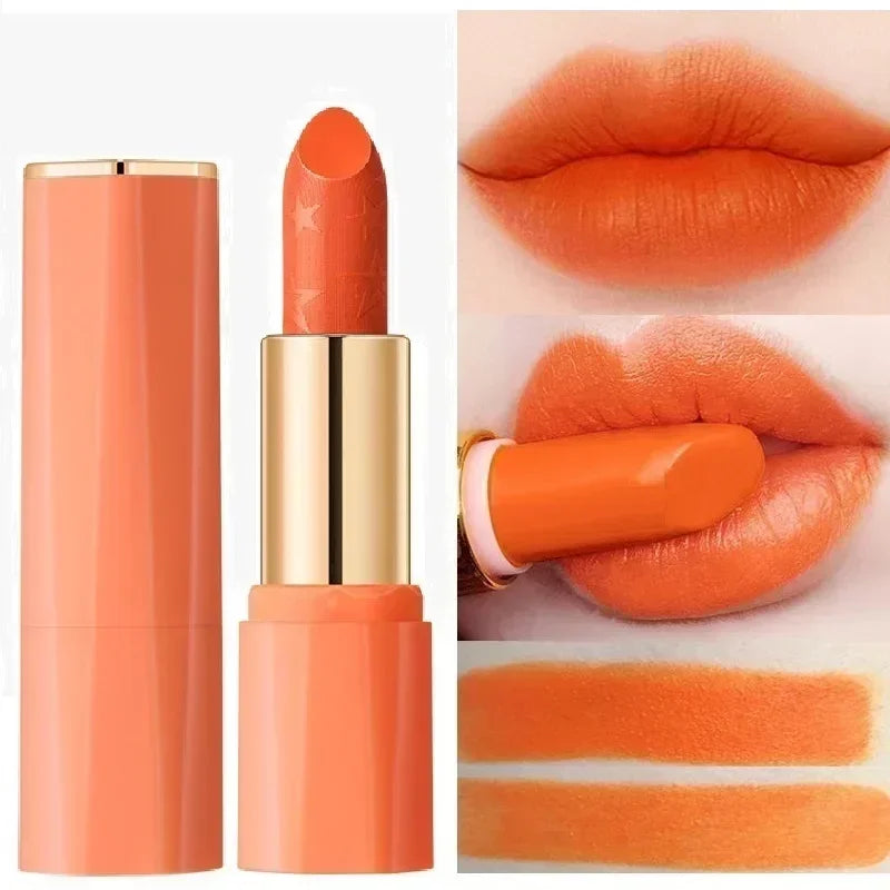 Orange Color Lipstick Lip Glaze Silky Smooth Not Easy To Fade Lip Gloss Matte Lasting Lip Stick Sexy Women Cosmetics Makeup