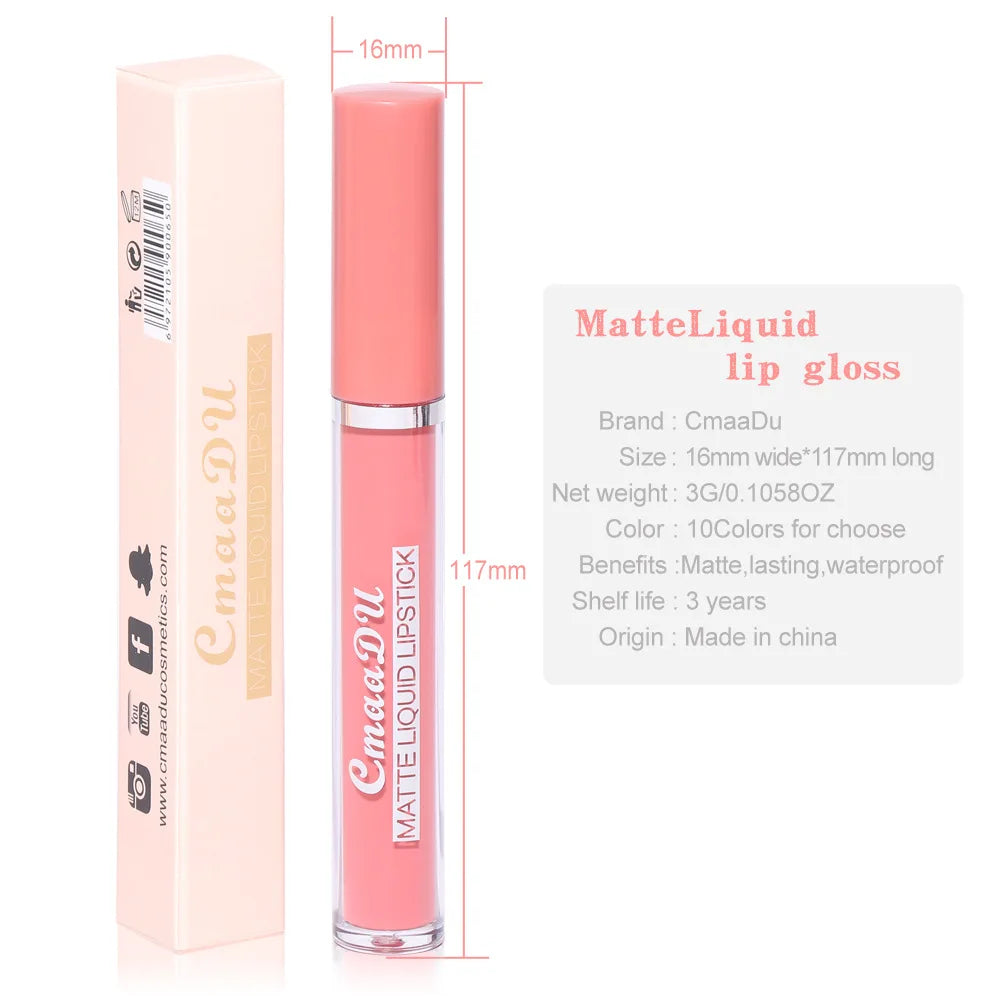 CmaaDu 10Color Love Velvet Nude Moisture-Matte Liquid Lipstick Lipgloss 10-Hour Makeup Soft-Focus Blurred Lip Colour Cosmetics