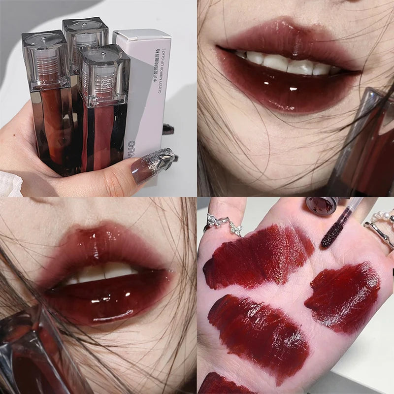 1PC Dark Red Mirror Water Light Lip Glaze Waterproof Lasting Moisturizing Non-stick Cups Liquid Lipstick Korean Makeup Cosmetics