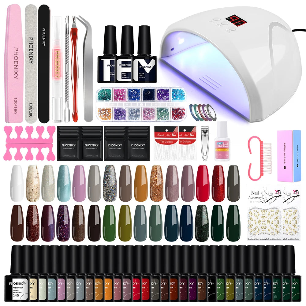 Nail Art Starter Set 30pcs Gel Nail Polish with 80W UV LED Drying Lamp Nail Polish Set Complete Full UV Gel Varnish Manicure Kit