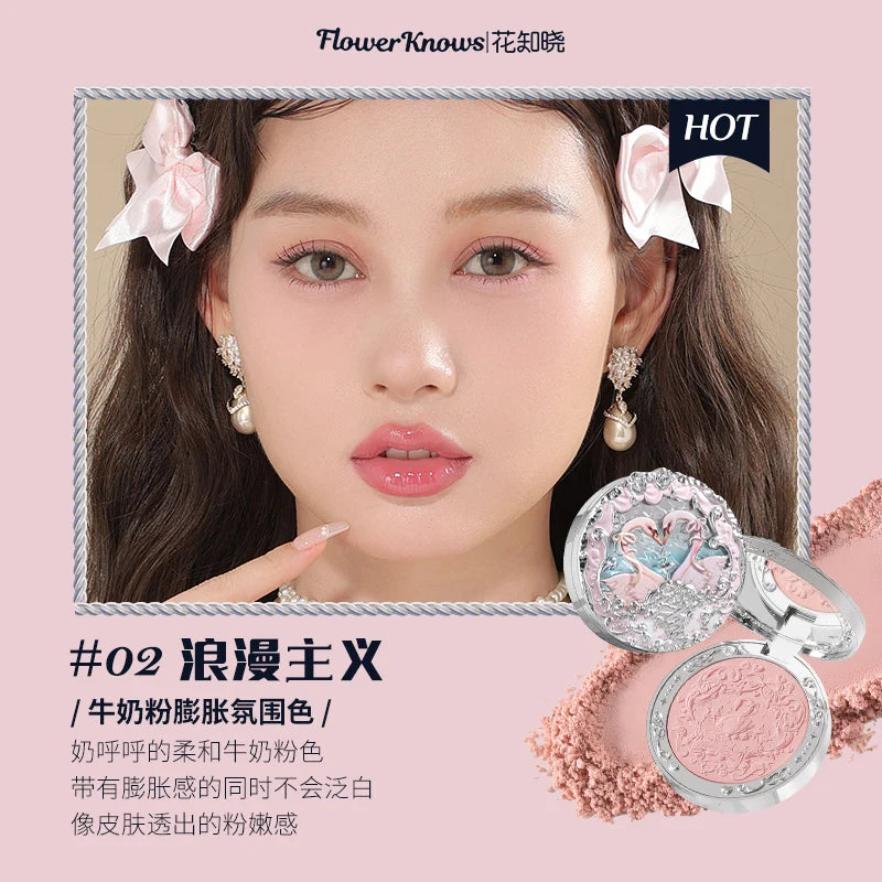 Flower Knows Swan Ballet Velvet Embossed Blush Matte Makeup Pressed Blusher Powder Pallet Women Gift Set