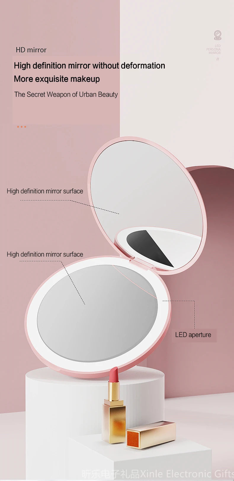 LED light makeup mirror foldable makeup small pocket mirror for women's luminous effect pink white mini mirror