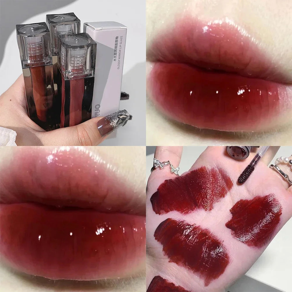 1PC Dark Red Mirror Water Light Lip Glaze Waterproof Lasting Moisturizing Non-stick Cups Liquid Lipstick Korean Makeup Cosmetics