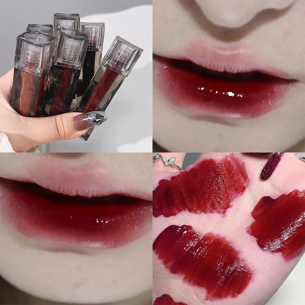 1PC Dark Red Mirror Water Light Lip Glaze Waterproof Lasting Moisturizing Non-stick Cups Liquid Lipstick Korean Makeup Cosmetics