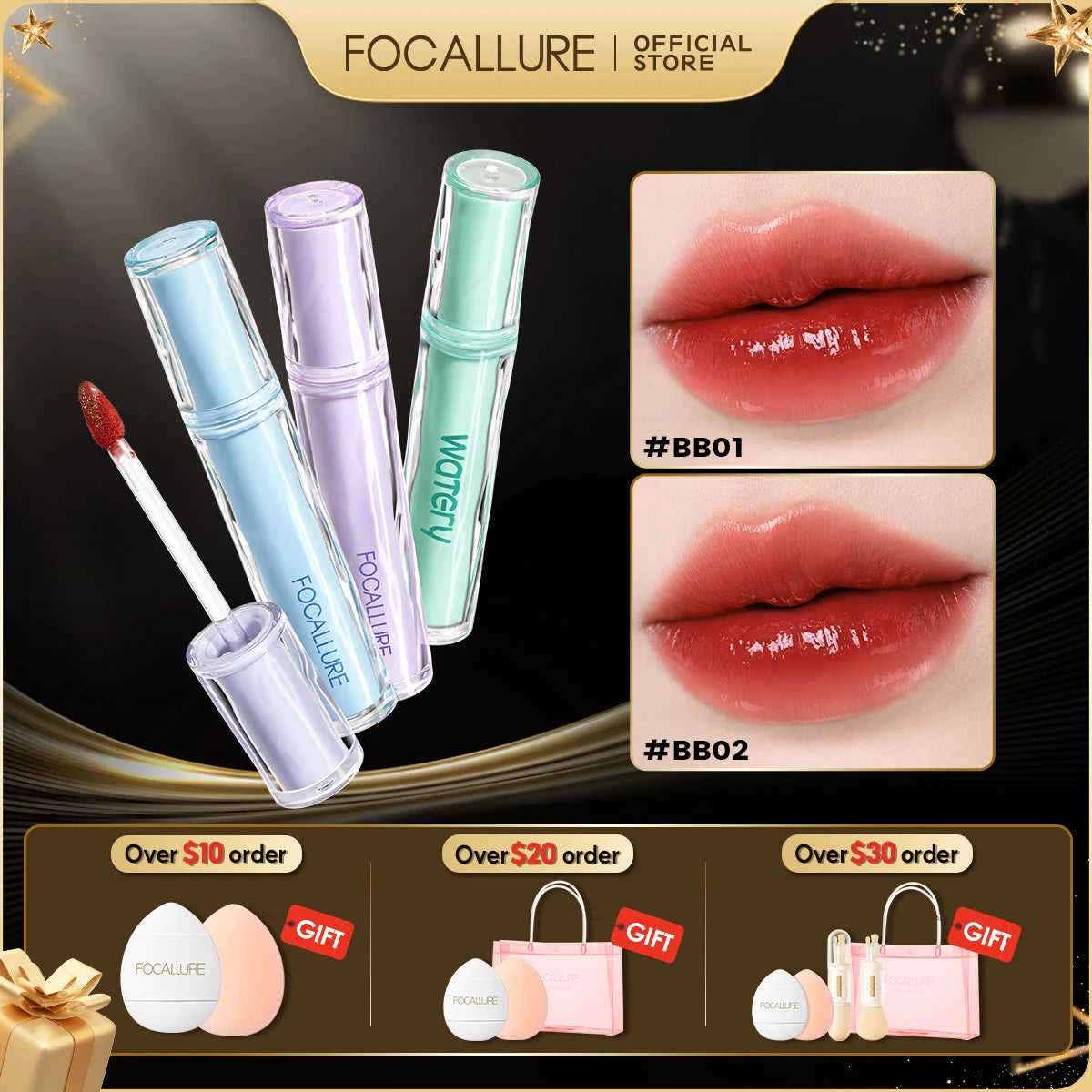 FOCALLURE Jelly Watery Lip Gloss High Pigment Long Wear Liquid Lipstick Lightweight Non-sticky Moisturizing Lip Tint Cosmetics