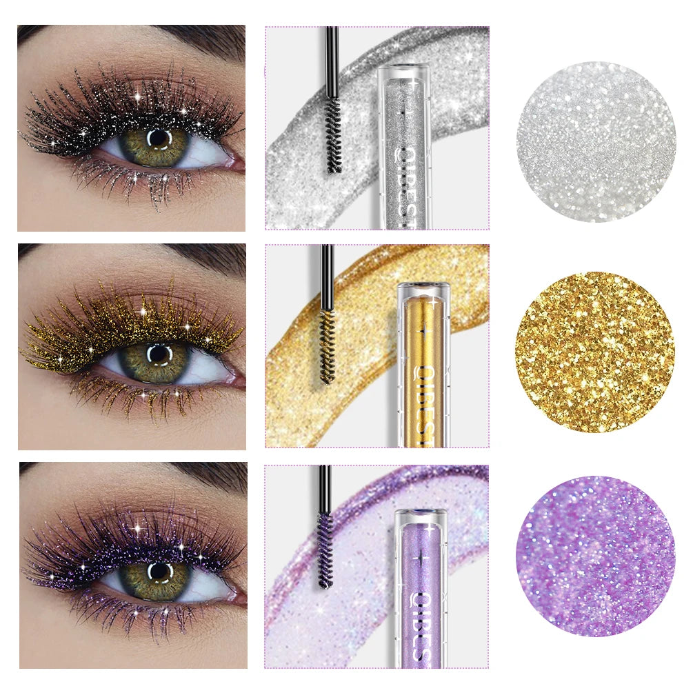 QIBEST 3 Colors Diamond Glitter Mascara Long Lasting Makeup 3D Volume Eyelashes Curling Shimmer Mascara Eye Lash Female Cosmetic