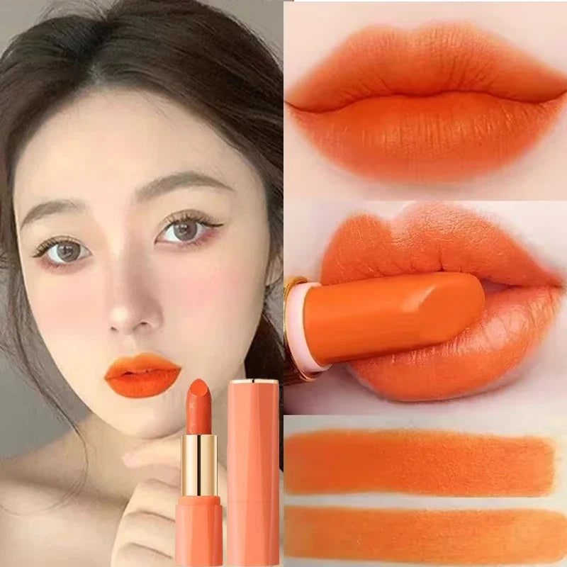 Orange Color Lipstick Lip Glaze Silky Smooth Not Easy To Fade Lip Gloss Matte Lasting Lip Stick Sexy Women Cosmetics Makeup