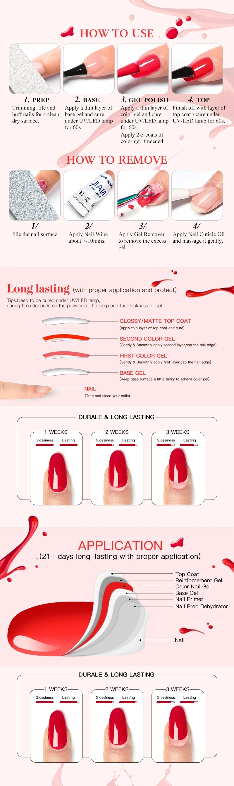 6Pcs Red Series Gel Nail Polish Set Winter Colors Semi Permanent Varnish Soak Off UV LED Gel Nail Art Manicure Base Top Coat Kit