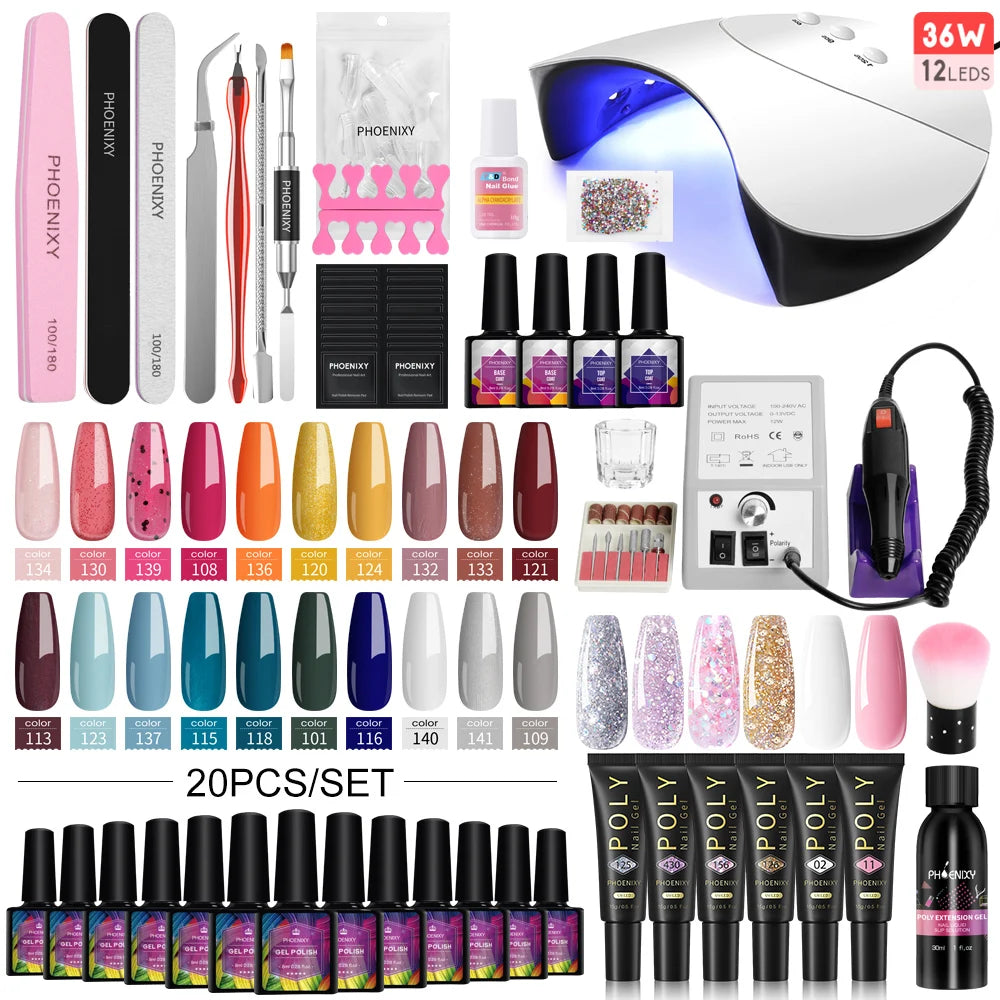 Manicure Set Gel Polish Set with UV LED Nail Lamp Poly Nail Gel Varnish Kit Quick Extension Gel Set Complete Nail Art Tools Kit